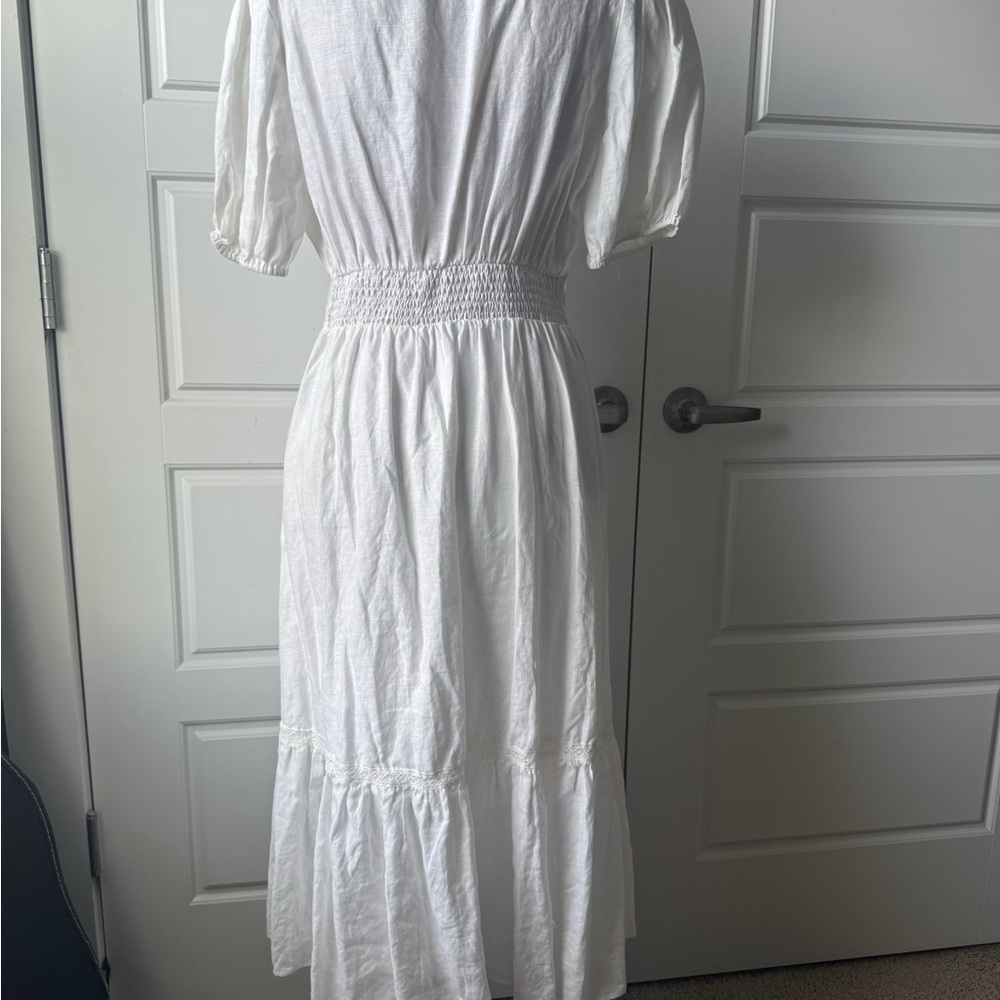 Lucy Paris White Linen Midi Dress with V-Neck - Picture 3 of 7